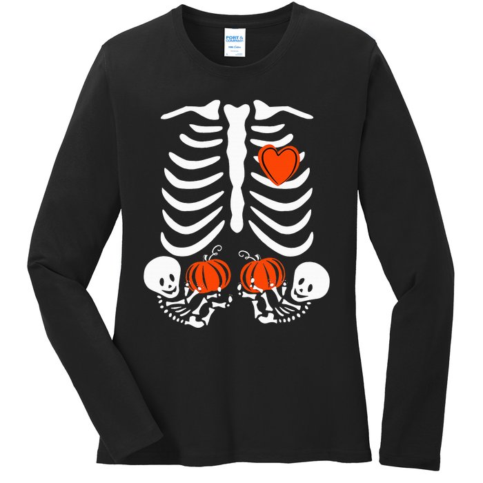 Pregnant Skeleton Twin Pregnancy Halloween Baby Announcement Ladies Long Sleeve Shirt