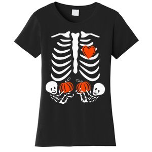 Pregnant Skeleton Twin Pregnancy Halloween Baby Announcement Women's T-Shirt