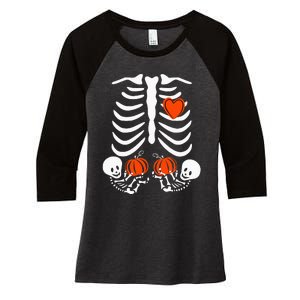 Pregnant Skeleton Twin Pregnancy Halloween Baby Announcement Women's Tri-Blend 3/4-Sleeve Raglan Shirt