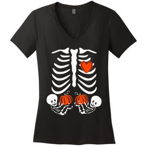 Pregnant Skeleton Twin Pregnancy Halloween Baby Announcement Women's V-Neck T-Shirt