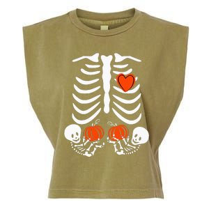 Pregnant Skeleton Twin Pregnancy Halloween Baby Announcement Garment-Dyed Women's Muscle Tee