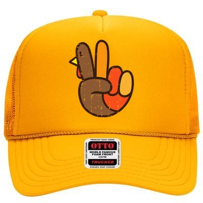 Peace Sign Turkey Hand Cool Thanksgiving Hippie High Crown Mesh Back Trucker Hat