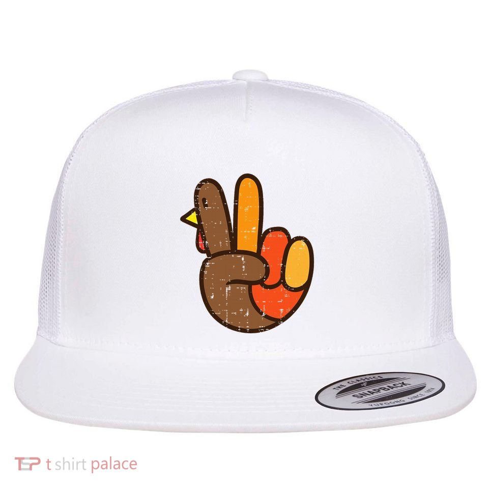 Peace Sign Turkey Hand Cool Thanksgiving Hippie Flat Bill Trucker Hat