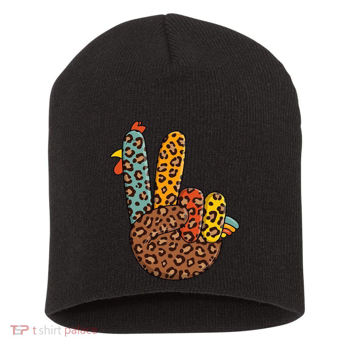 Peace Sign Turkey Hand Cool Thanksgiving Hippie Short Acrylic Beanie
