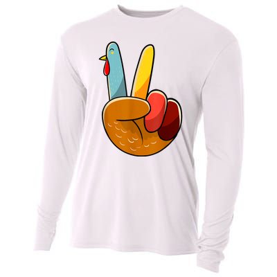 Peace Sign Turkey Turkey Hand Sign Thanksgiving Funny Cooling Performance Long Sleeve Crew