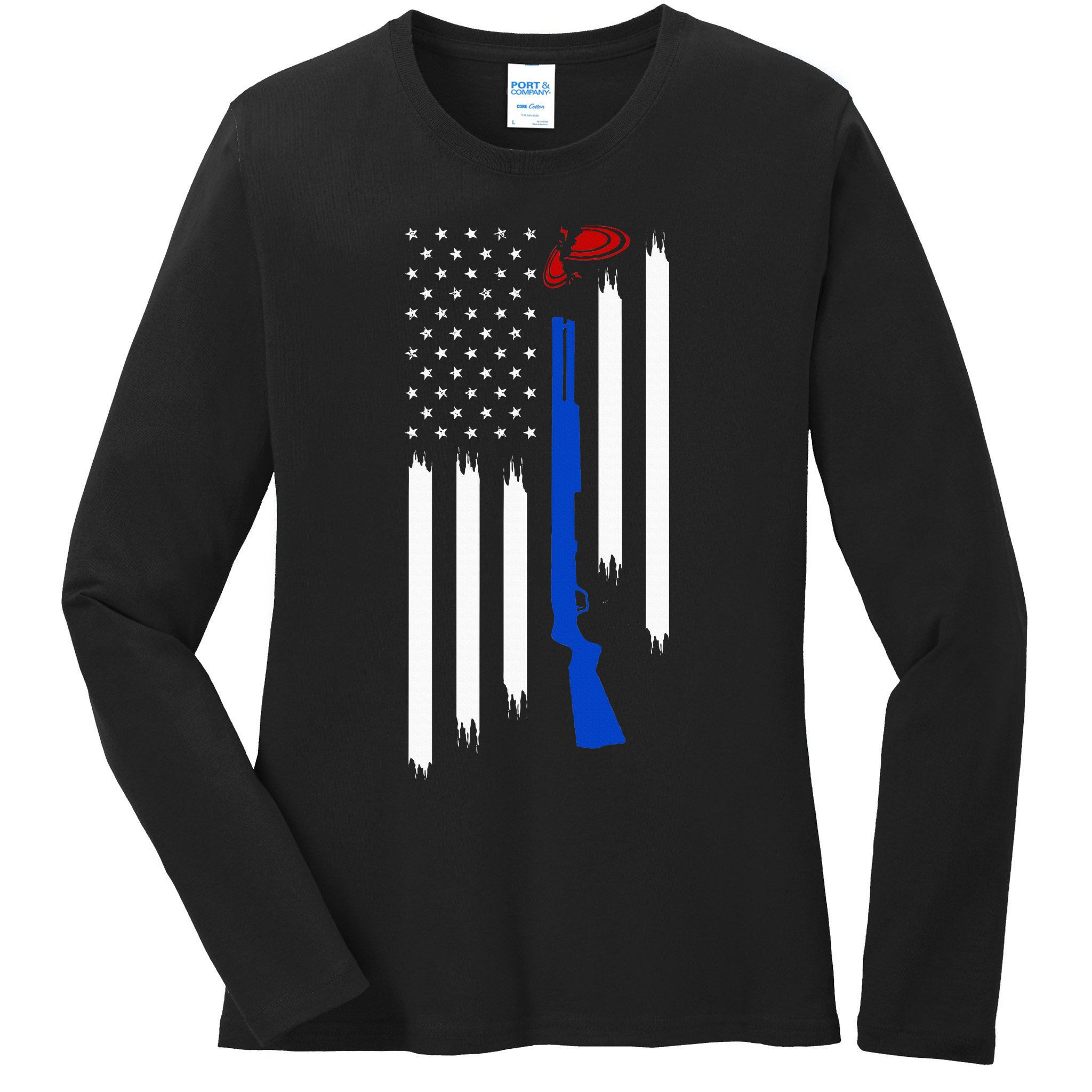 Patriotic Skeet Trap Clay Pigeon Shotgun Shooting Ladies Long Sleeve Shirt