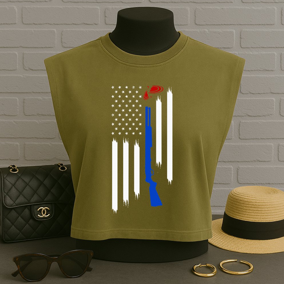 Patriotic Skeet Trap Clay Pigeon Shotgun Shooting Garment-Dyed Women's Muscle Tee