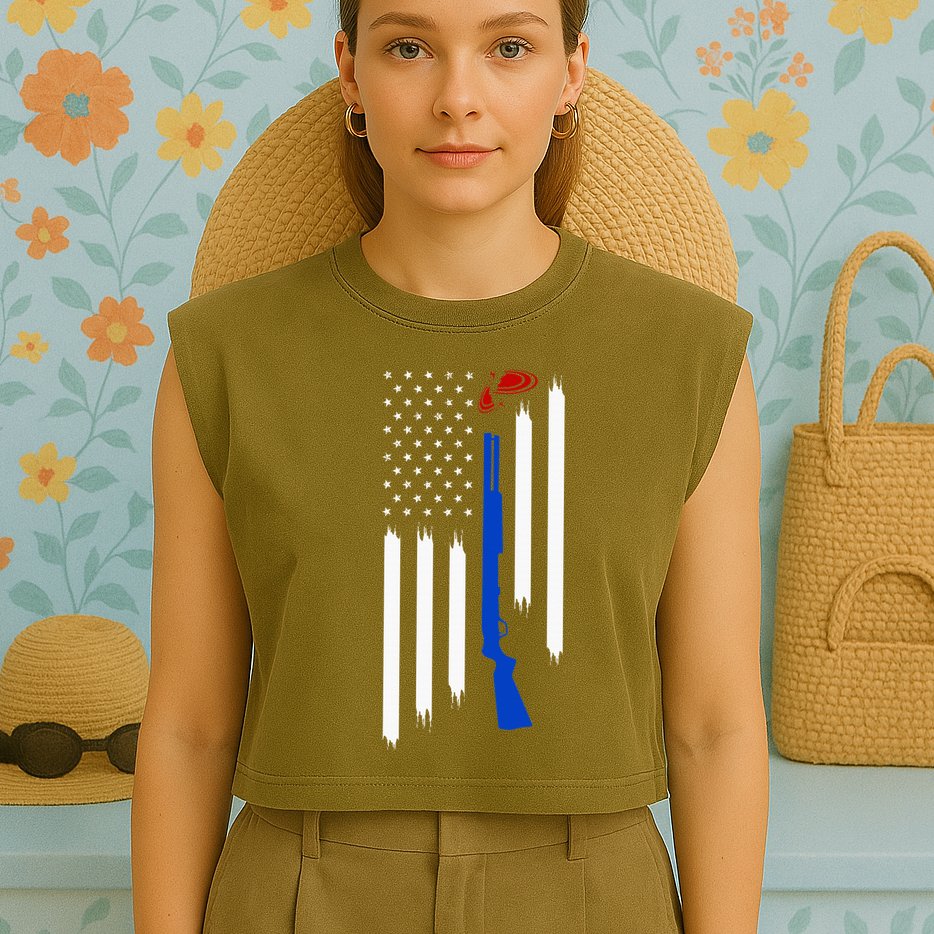 Patriotic Skeet Trap Clay Pigeon Shotgun Shooting Garment-Dyed Women's Muscle Tee