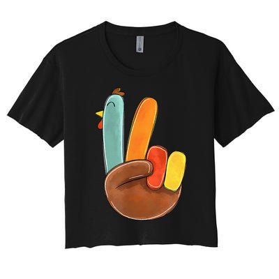 Peace Sign Turkey Hand Cool Thanksgiving Hippie Women's Crop Top Tee