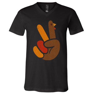 Peace Sign Turkey Hand Cool Thanksgiving V-Neck T-Shirt