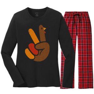 Peace Sign Turkey Hand Cool Thanksgiving Women's Long Sleeve Flannel Pajama Set 