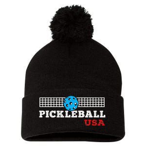 Pickleball Support the Team Pickleball Player USA Flag Pom Pom 12in Knit Beanie