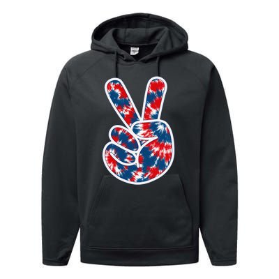 Peace Sign Tie Dye Red White Blue Fun 4th of July Tee Performance Fleece Hoodie