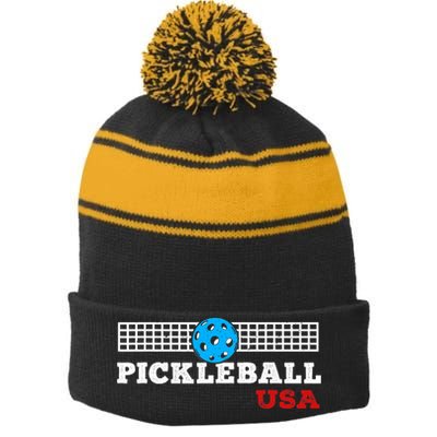 Pickleball Support The Team Pickleball Player USA Flag Stripe Pom Pom Beanie