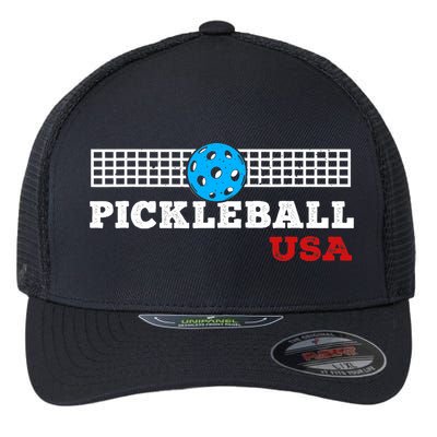 Pickleball Support The Team Pickleball Player USA Flag Flexfit Unipanel Trucker Cap