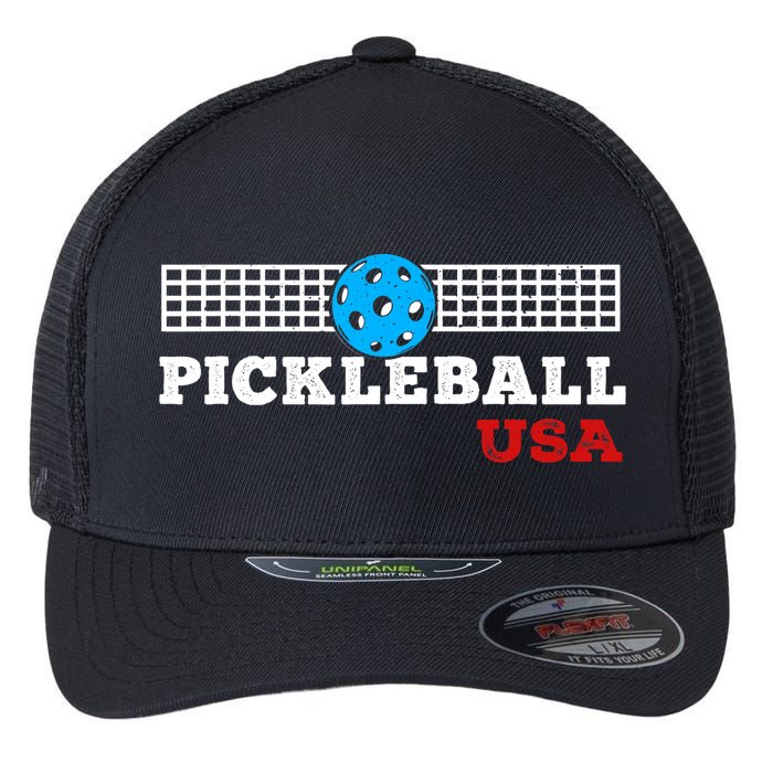 Pickleball Support The Team Pickleball Player USA Flag Flexfit Unipanel Trucker Cap