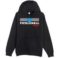 Pickleball Support The Team Pickleball Player USA Flag Premium Pullover Hoodie