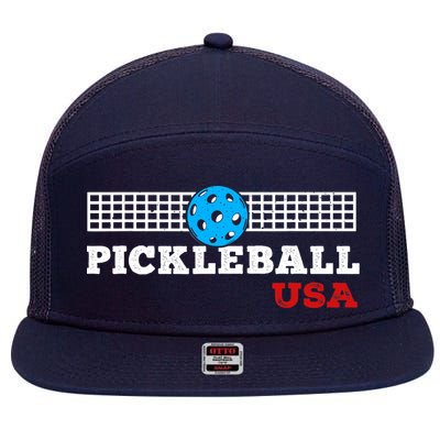 Pickleball Support The Team Pickleball Player USA Flag 7 Panel Mesh Trucker Snapback Hat