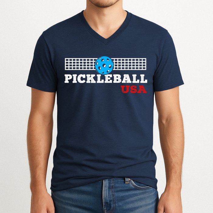 Pickleball Support The Team Pickleball Player USA Flag V-Neck T-Shirt
