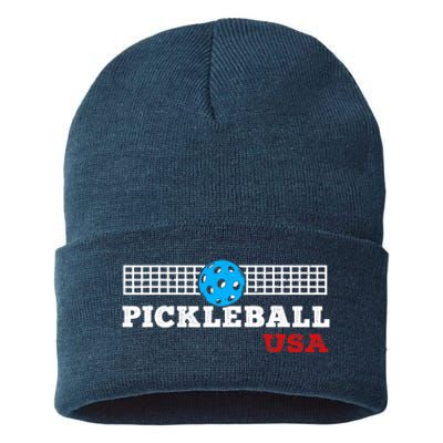 Pickleball Support The Team Pickleball Player USA Flag Sustainable Knit Beanie