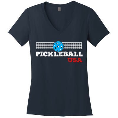 Pickleball Support The Team Pickleball Player USA Flag Women's V-Neck T-Shirt
