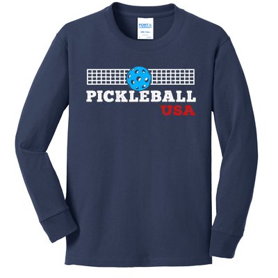 Pickleball Support The Team Pickleball Player USA Flag Kids Long Sleeve Shirt