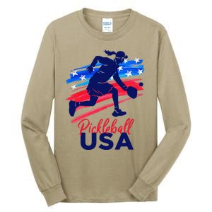 Pickleball Support The Team Pickleball Player Usa Flag Tall Long Sleeve T-Shirt