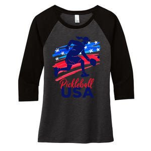 Pickleball Support The Team Pickleball Player Usa Flag Women's Tri-Blend 3/4-Sleeve Raglan Shirt