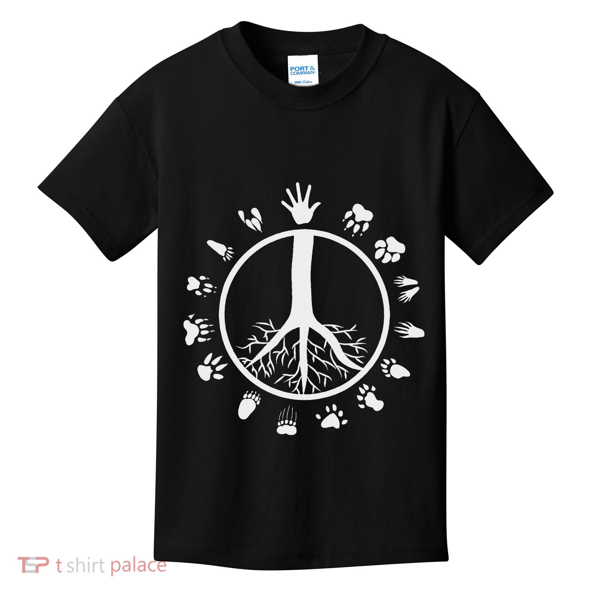 Peace Sign Tree Roots Animal Footprints Vegan Kids T-Shirt
