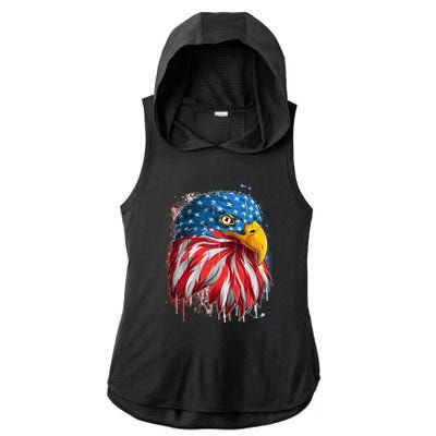 Paint Splatter USA American Flag Eagle Head Ladies PosiCharge Tri-Blend Wicking Draft Hoodie Tank