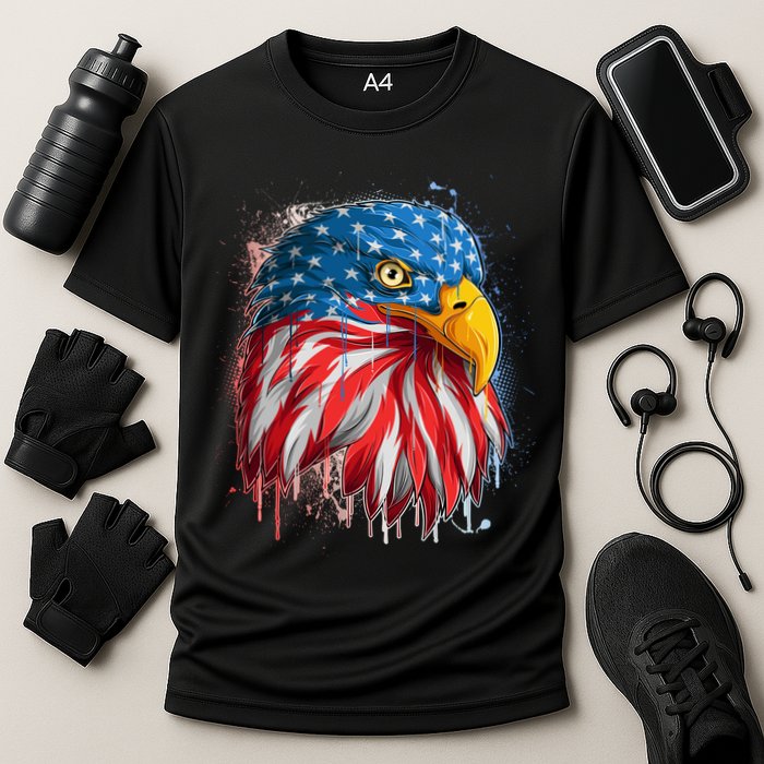Paint Splatter USA American Flag Eagle Head Cooling Performance Crew T-Shirt
