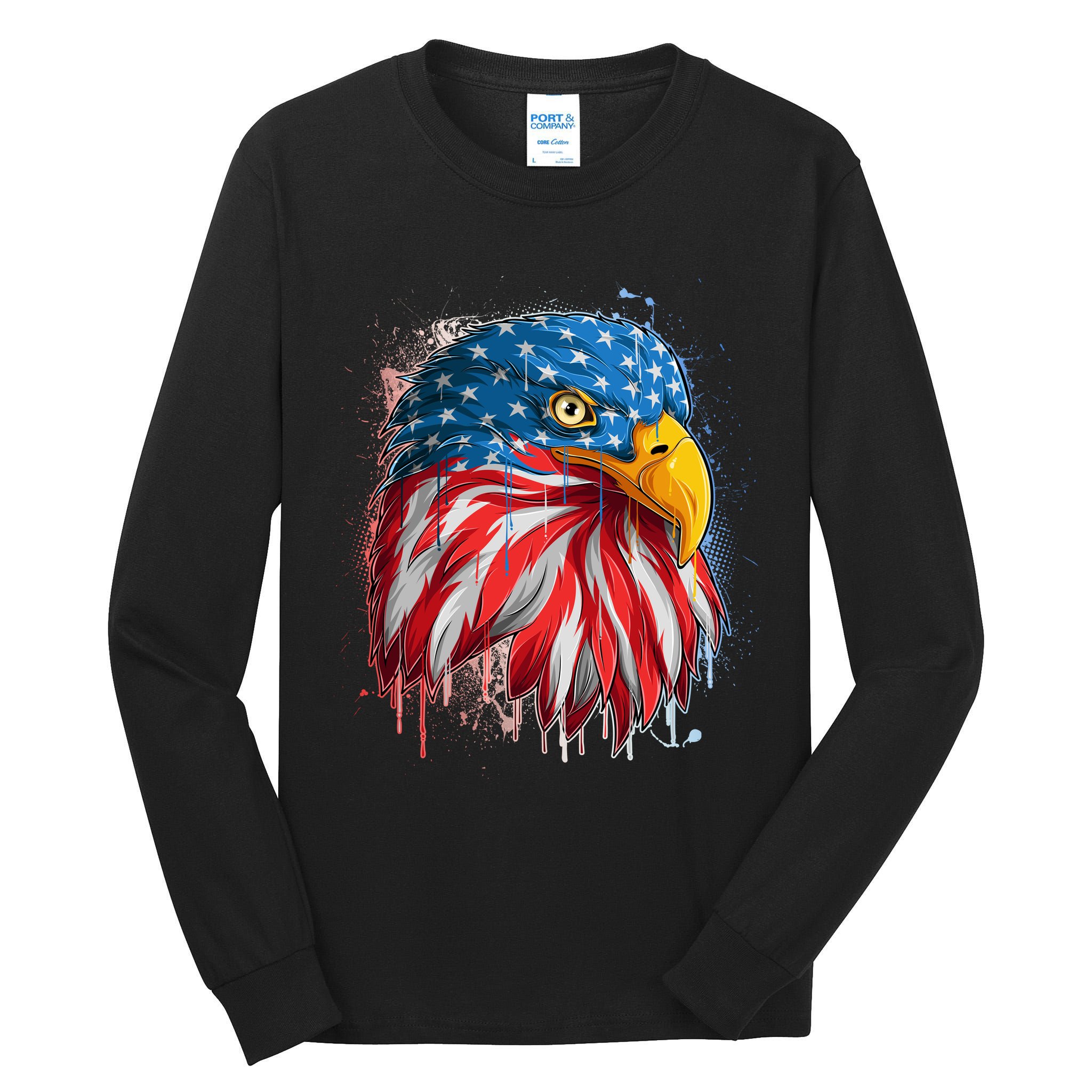 Paint Splatter USA American Flag Eagle Head Tall Long Sleeve T-Shirt