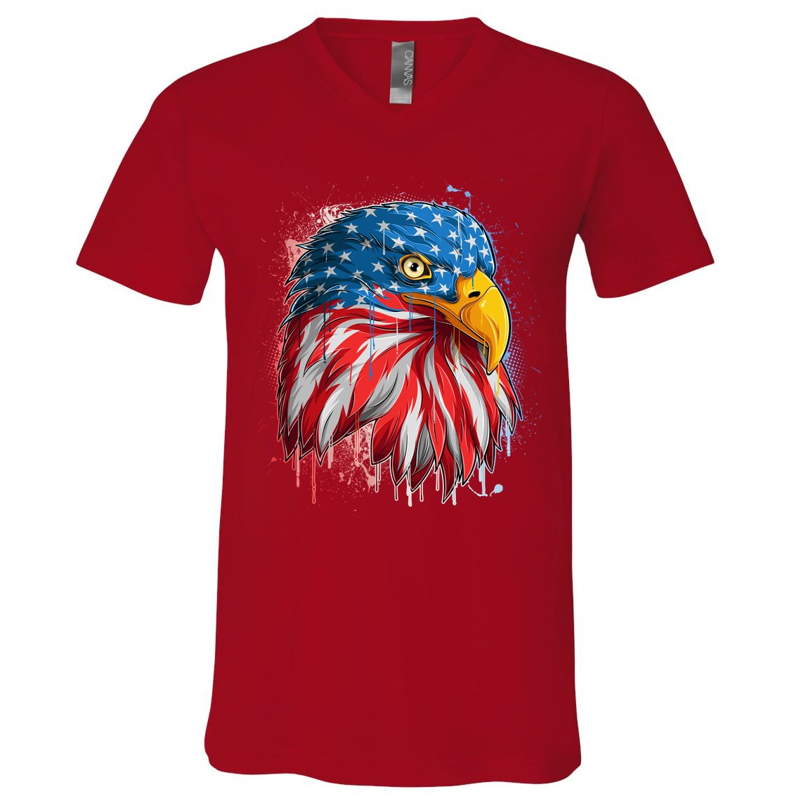 Paint Splatter USA American Flag Eagle Head V-Neck T-Shirt