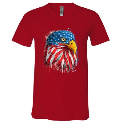 Paint Splatter USA American Flag Eagle Head V-Neck T-Shirt