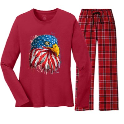 Paint Splatter USA American Flag Eagle Head Women's Long Sleeve Flannel Pajama Set 