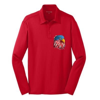 Paint Splatter USA American Flag Eagle Head Silk Touch Performance Long Sleeve Polo