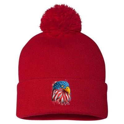 Paint Splatter USA American Flag Eagle Head Pom Pom 12in Knit Beanie