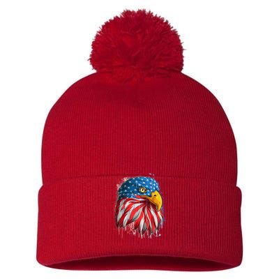 Paint Splatter USA American Flag Eagle Head Pom Pom 12in Knit Beanie