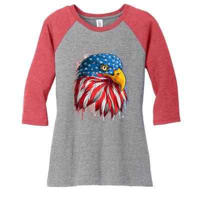 Paint Splatter USA American Flag Eagle Head Women's Tri-Blend 3/4-Sleeve Raglan Shirt