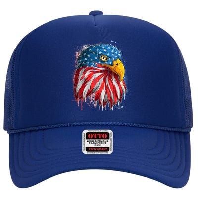 Paint Splatter USA American Flag Eagle Head High Crown Mesh Back Trucker Hat