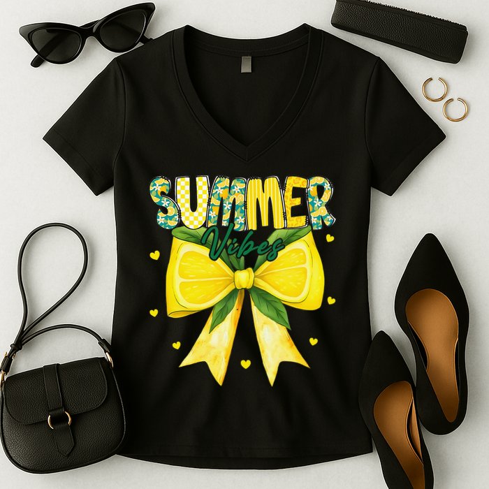 Preppy Summer Vibes Lemon Bow Girly Summer Women's V-Neck T-Shirt