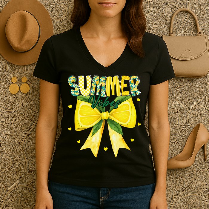 Preppy Summer Vibes Lemon Bow Girly Summer Women's V-Neck T-Shirt