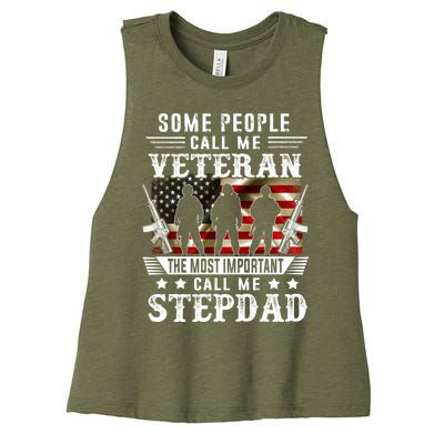 Proud Stepdad Veteran American Flag Gifts VeteranS Day Women's Racerback Cropped Tank