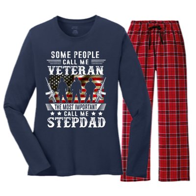 Proud Stepdad Veteran American Flag Gifts VeteranS Day Women's Long Sleeve Flannel Pajama Set 