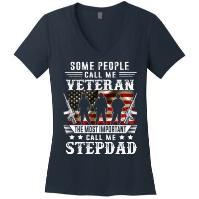 Proud Stepdad Veteran American Flag Gifts VeteranS Day Women's V-Neck T-Shirt