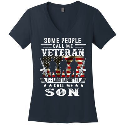 Proud Son Veteran American Flag Gifts VeteranS Day Women's V-Neck T-Shirt