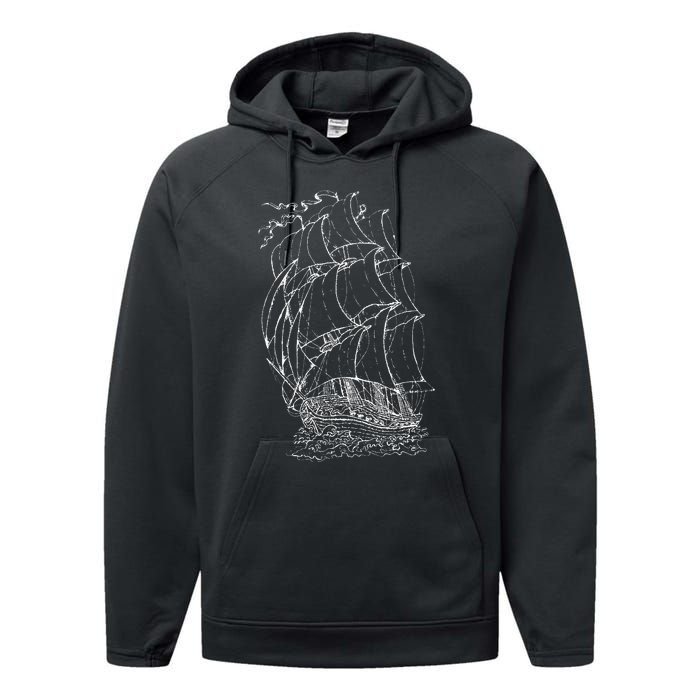 Pirate Ship Vintage Retro Nautical Sailing Boat Captain Performance Fleece Hoodie