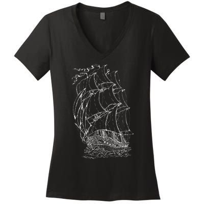 Pirate Ship Vintage Retro Nautical Sailing Boat Captain Women's V-Neck T-Shirt