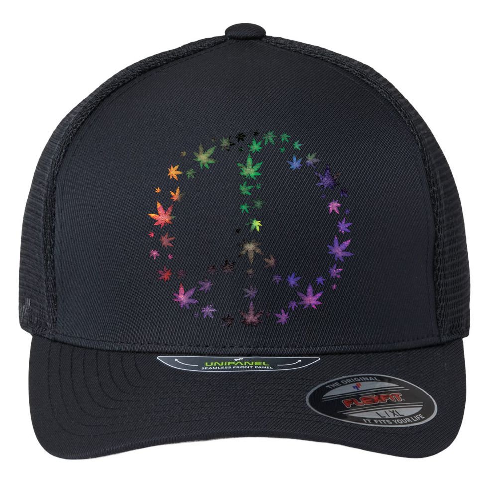 Peace Sign Weed Marijuana Leaves Watercolor Hippie Cannabis Gift Flexfit Unipanel Trucker Cap