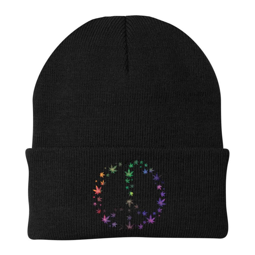 Peace Sign Weed Marijuana Leaves Watercolor Hippie Cannabis Gift Beanie
